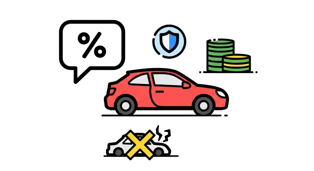 자동차보험과 관련된 할인, 보장, 비용, 사고 처리를 상징하는 참고용 일러스트