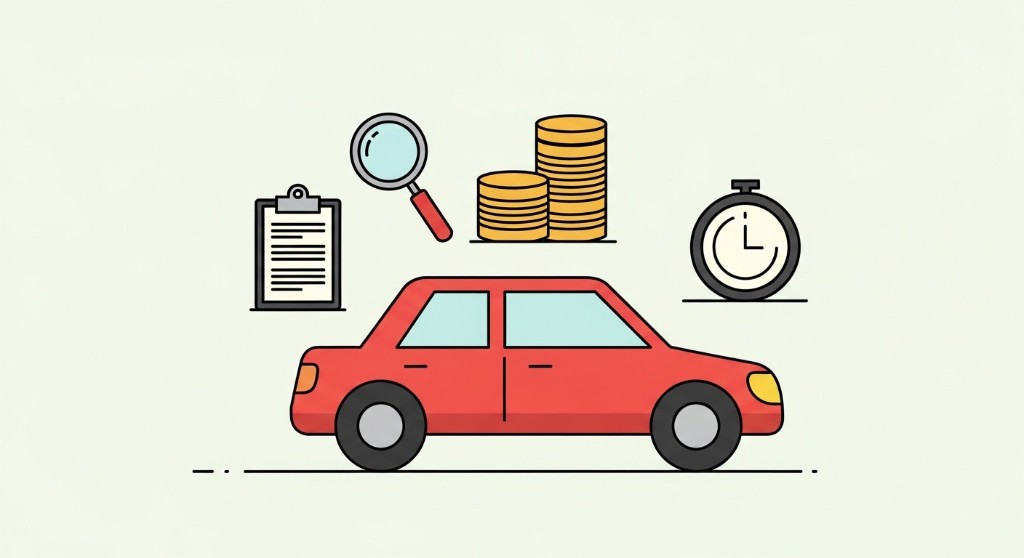 자동차와 서류·검색·보험료·시간 등 자동차보험 특약·비교견적을 상징하는 참고용 일러스트