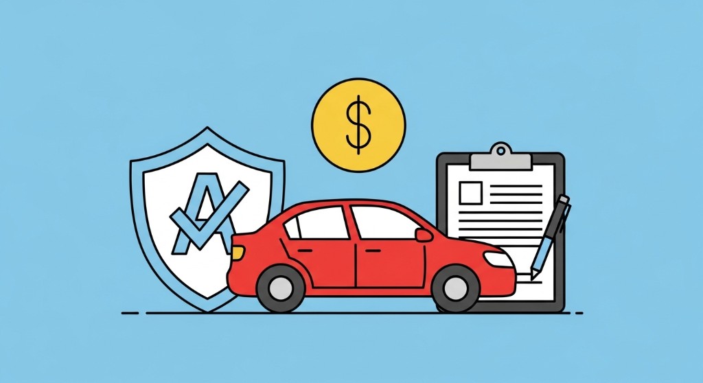 자동차, 보장, 보험료, 서류 등 자동차보험 비교견적의 필요성을 상징하는 참고용 일러스트