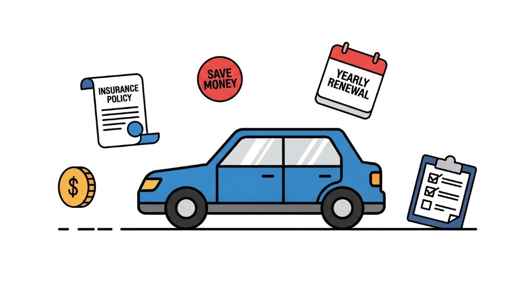 자동차, 보험증권, 절약, 갱신, 체크리스트 등 자동차보험료 절약·관리를 상징하는 참고용 일러스트